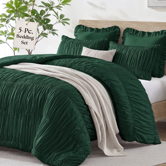 Lipa Queen Size Comforter Set,5-Piece Bed in a Bag,All Season Bedding Set,Ruched Design,Comforter,Pillowcases and Shams,Forest Green