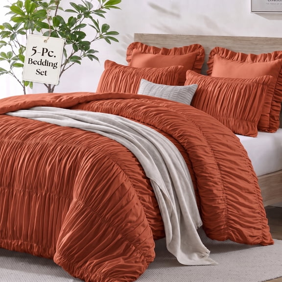 Lipa Queen Size Comforter Set,5-Piece Bed in a Bag,All Season Bedding Set,Ruched Design,Comforter,Pillowcases and Shams,Orange