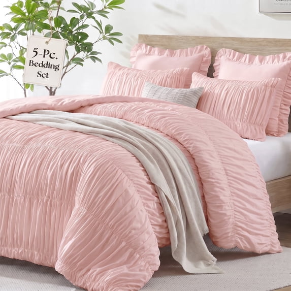 Lipa Queen Size Comforter Set,5-Piece Bed in a Bag,All Season Bedding Set,Ruched Design,Comforter,Pillowcases and Shams,Pink