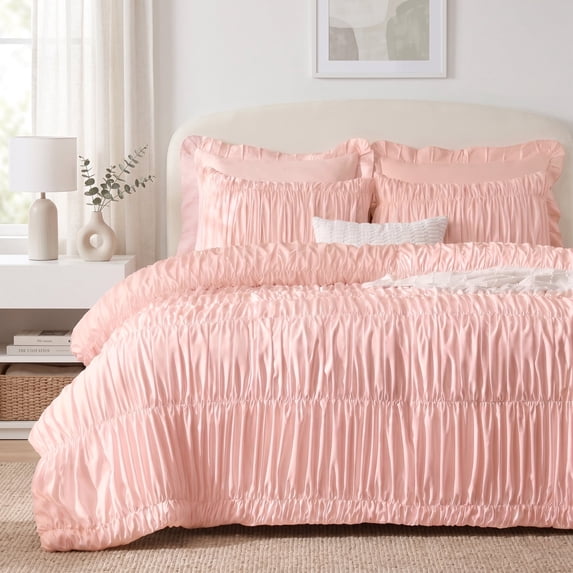 Lipa Queen Size Comforter Set,5-Piece Bed in a Bag,All Season Bedding Set,Ruched Design,Comforter,Pillowcases and Shams,Pink