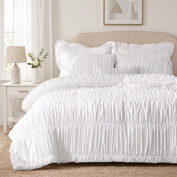 Lipa Queen Size Comforter Set,5-Piece Bed in a Bag,All Season Bedding Set,Ruched Design,Comforter,Pillowcases and Shams,White