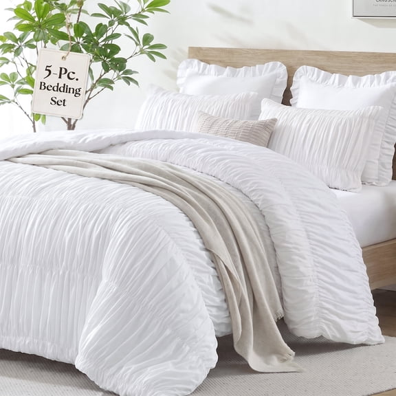 Lipa Queen Size Comforter Set,5-Piece Bed in a Bag,All Season Bedding Set,Ruched Design,Comforter,Pillowcases and Shams,White