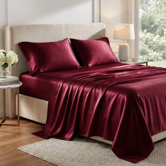 Lipa Satin Sheets Full Sheet Set, Silky Luxury Bed Sheets With Deep Pocket,4 Pieces,Burgundy