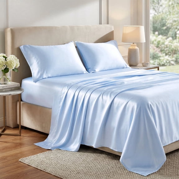Lipa Satin Sheets King Sheet Set, Silky Luxury Bed Sheets With Deep Pocket,4 Pieces,Light Blue