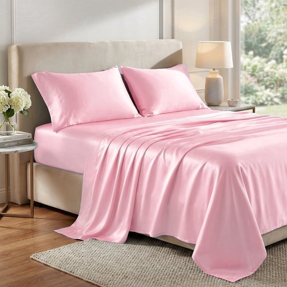 Lipa Satin Sheets Queen Sheet Set, Silky Luxury Bed Sheets With Deep Pocket,4 Pieces,Pink