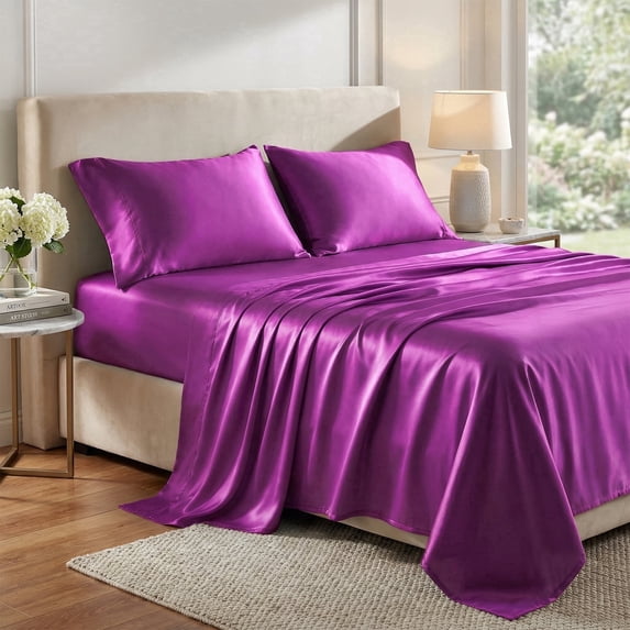 Lipa Satin Sheets Queen Sheet Set, Silky Luxury Bed Sheets With Deep Pocket,4 Pieces,Purple