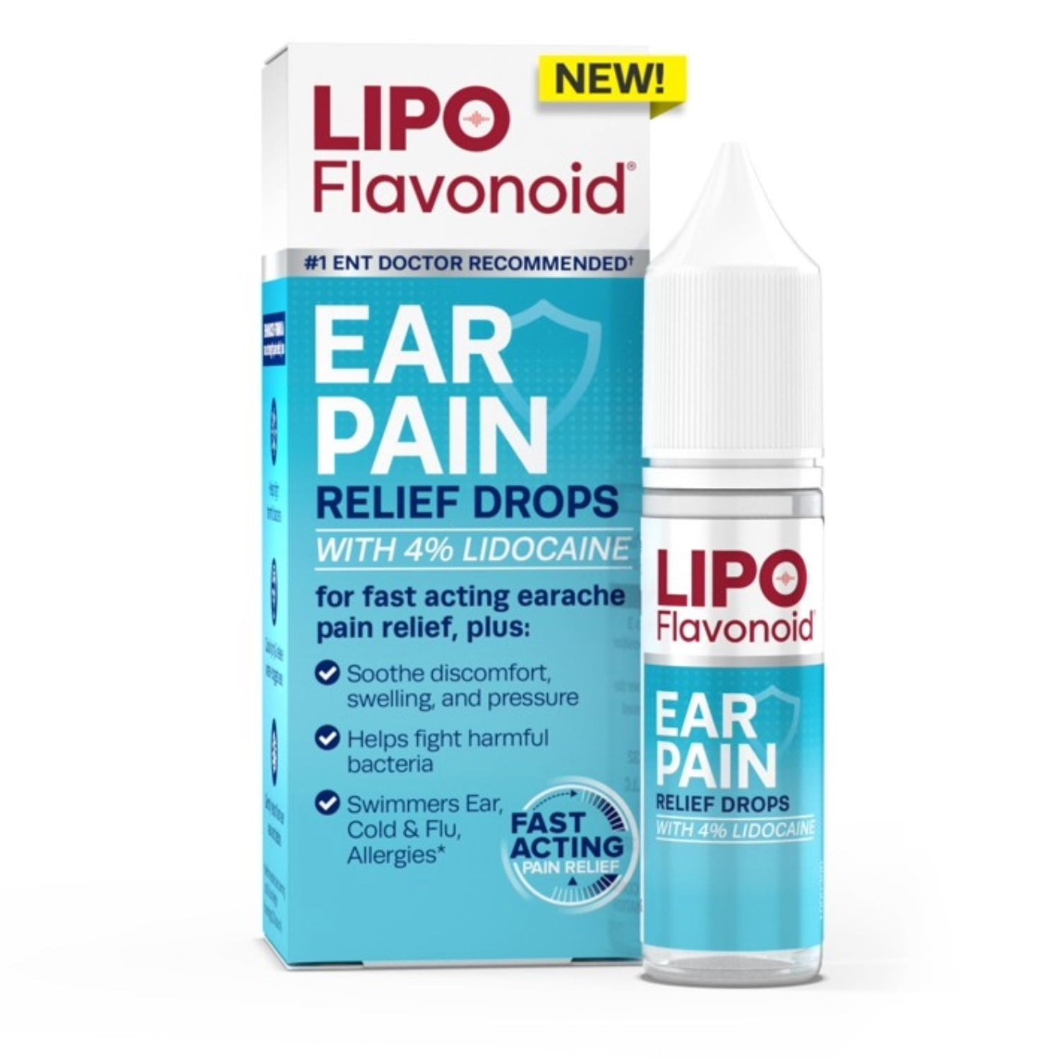 Lipo Flavonoid Ear Pain Drops with 4% Lidocaine Fast-Acting Earache Pain Relief, 12.5mL, 1 Count