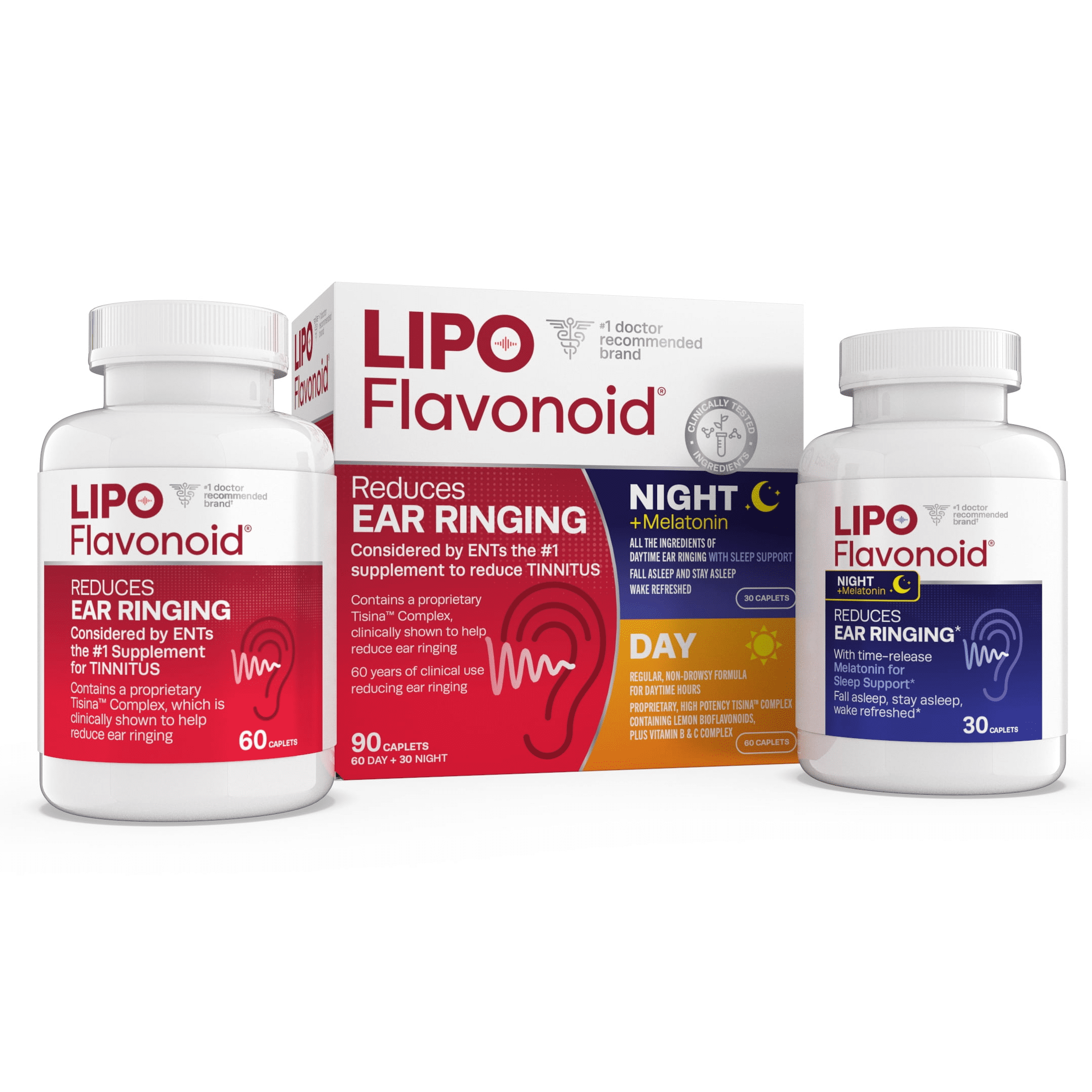 Lipo-Flavonoid Plus, Day/Night Kit Tinnitus Relief, OTC Ear Health Vitamin and Supplement, 90 Caplets