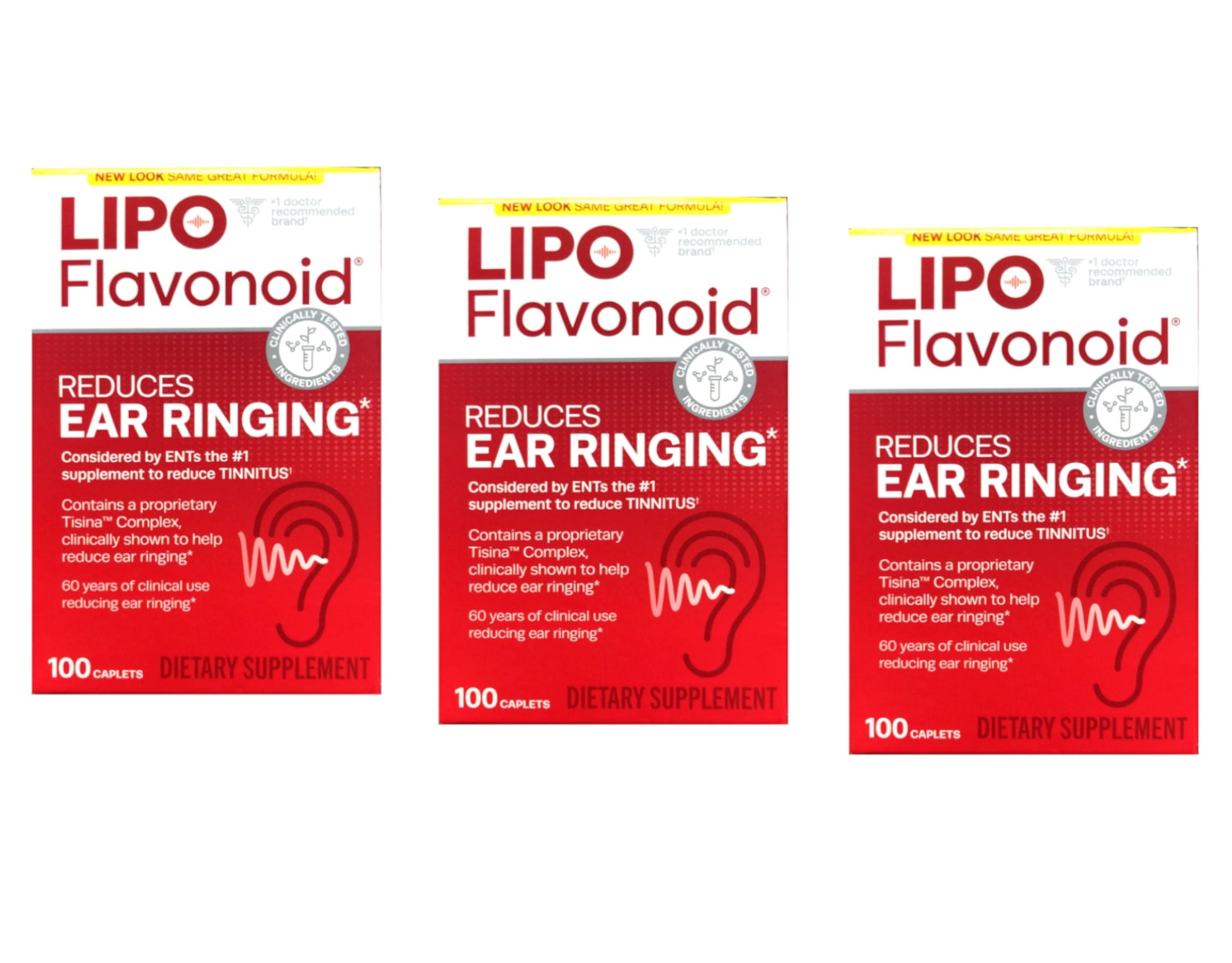 Lipo Flavonoid Ear Ringing Relief Supplement, Clinically Tested Ingredients, 100 Caplets (pack of 3)