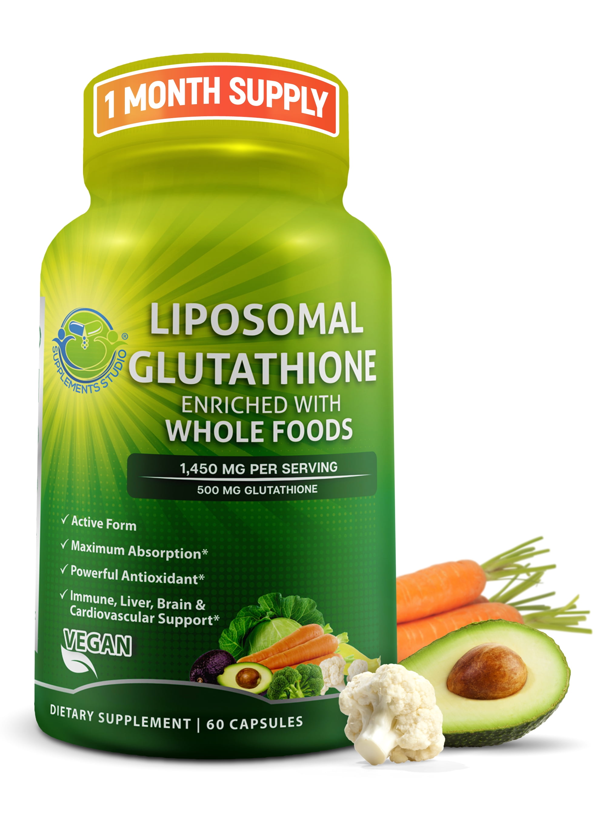 Liposomal Glutathione 500mg with Whole Foods, Antioxidant & Immune Support, Supplements Studio 60Ct