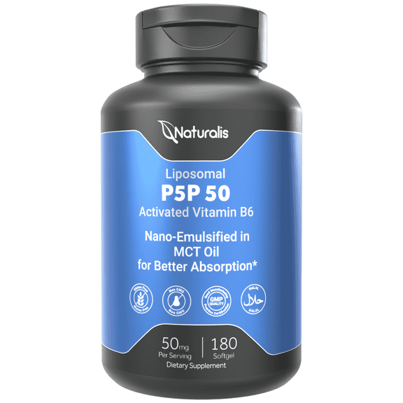 Naturalis Liposomal P-5-P 50mg Activated Vitamin B6 Nano-Emulsified in MCT Oil for Better Absorption | Non-GMO and Soy Free | Support Energy Metabolism and Neurological Function | 180 Softgels