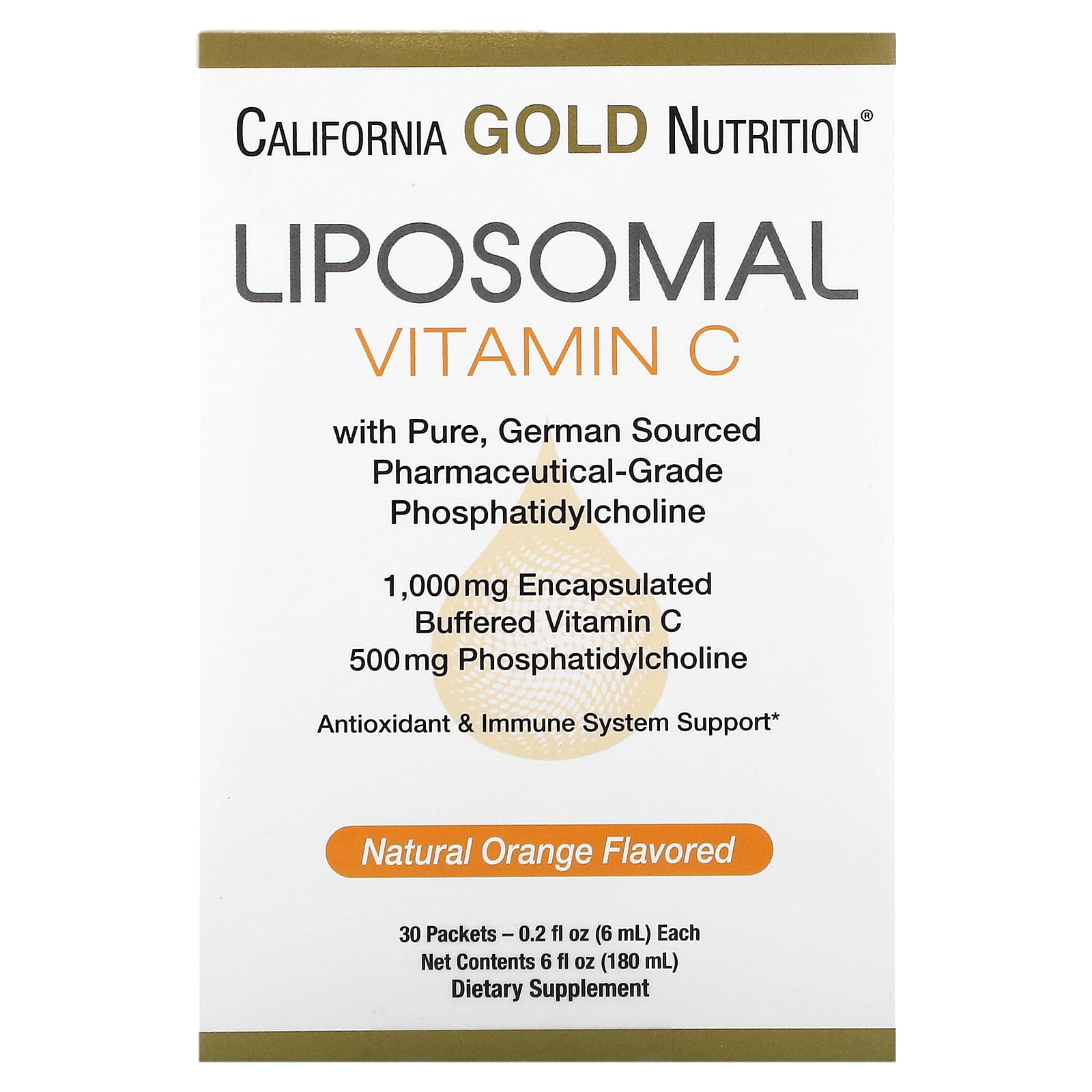 California Gold Nutrition Liposomal Vitamin C, Orange Flavor, 1,000 mg, 30 Packets, 0.2 fl oz (6 ml) Each