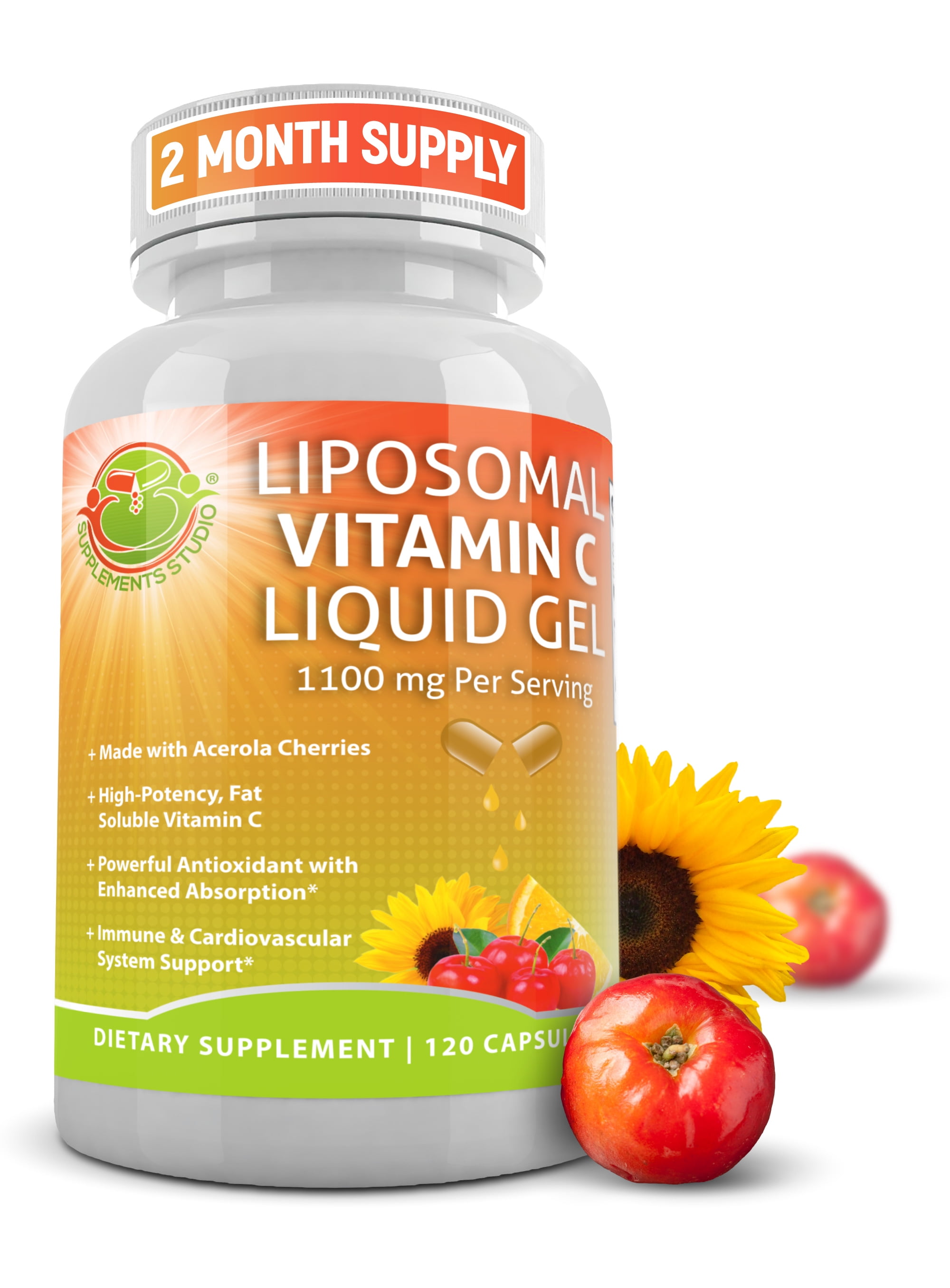 Liposomal Vitamin C Liquid Gel 1100mg - Made with Organic Acerola Cherry - Supplements Studio 120ct