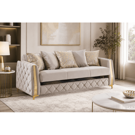 Lippa 3-Seat Modern Sofa with Taupe Polyester Upholstery, Foam Cushions, Concealed Storage, Sleeper Mechanism and Gold-Finished Stainless Steel Legs