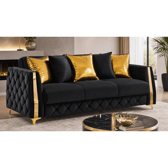 Lippa 3-Seat Sofa, Black Polyester Fabric, Foam Cushions, Storage and Hidden Bed, Gold-Finished Stainless Steel Legs