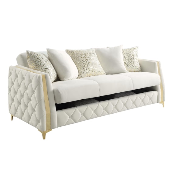 Lippa Modern 3-Seat Sofa Sleeper with Storage and Gold Legs in White