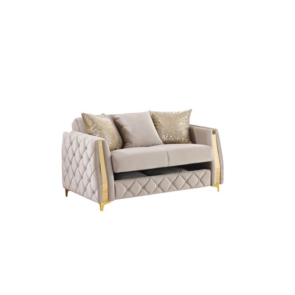 Lippa Modern Loveseat Sleeper with Storage and Gold Legs in Taupe