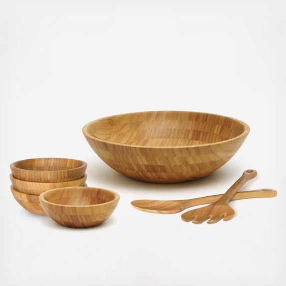 Lipper International 7-Piece Bamboo Round Salad Bowl Set with Servers