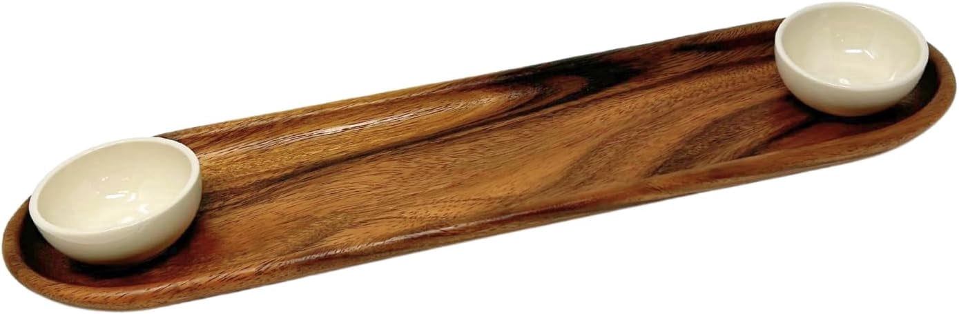 Lipper International Acacia Wood Bread Board with 2 Ceramic Bowls for Serving Spreads, Dips, or Oils, 20" x 5" x 1"