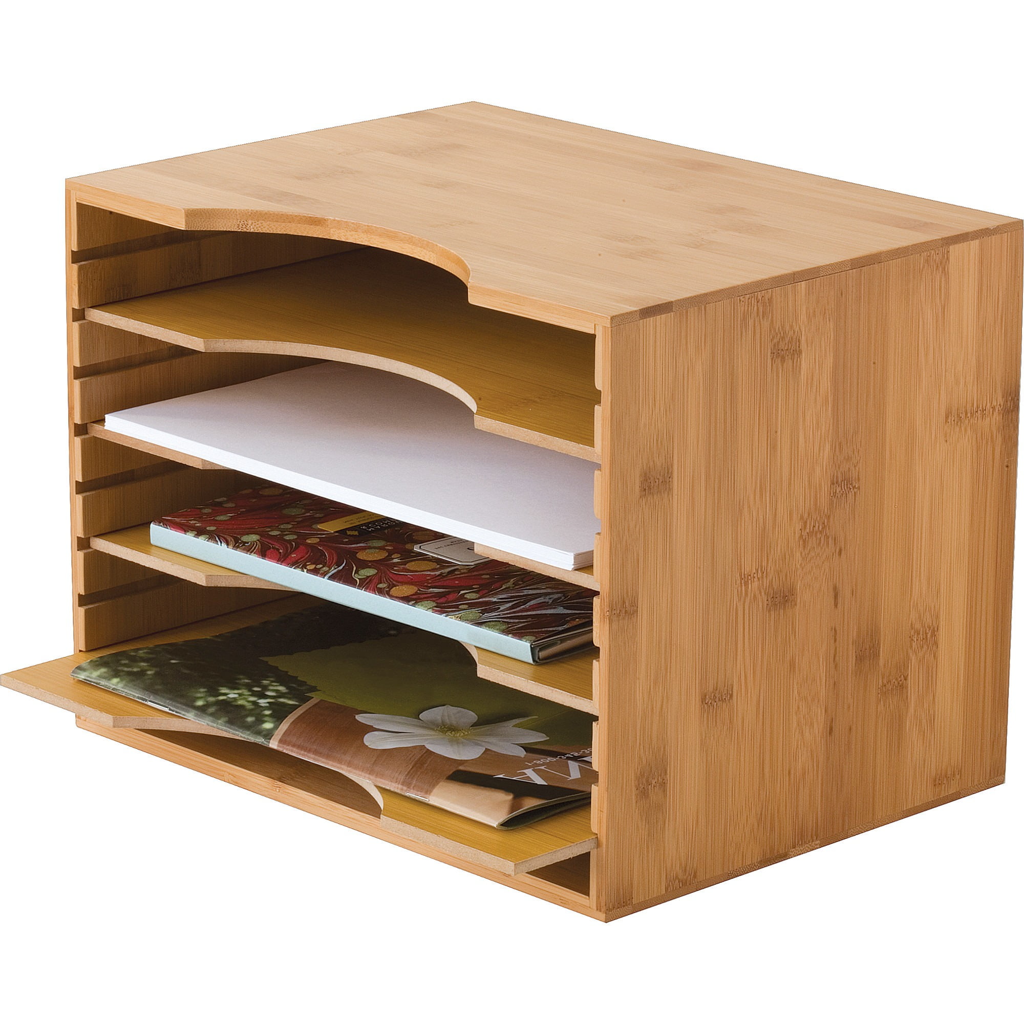 Natural Bamboo Freestanding File Organizer with Adjustable Dividers