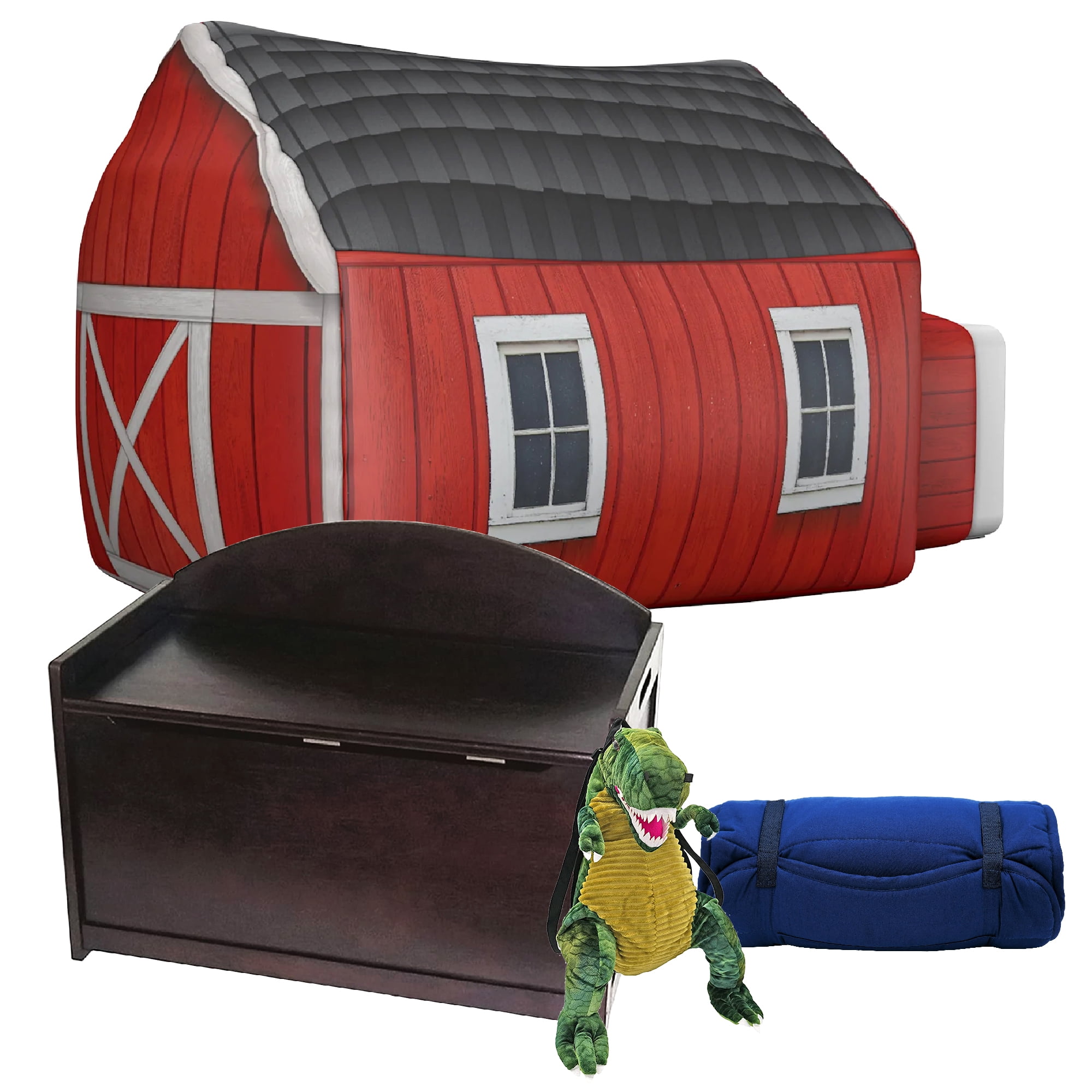 Lipper International Child’s Espresso Dark Brown Toy Chest Fun Blue Sleepover Travel Bundle with Barn Air Tent Fort, Green Dinosaur T-Rex Shaped Backpack, and Playful Bug Nap Mat Set Ages 3+