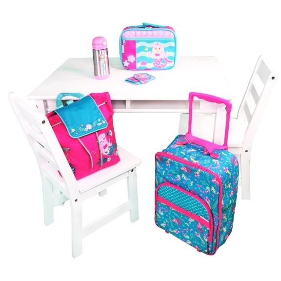 Lipper International Childs White Rectangle Table with Shelf & 2 Chairs Fun Pink Mermaid Sleepover Travel Bundle with Matching Mermaid Luggage, Quilted Backpack, Lunchbox, Bottle, & Wallet Ages 3+