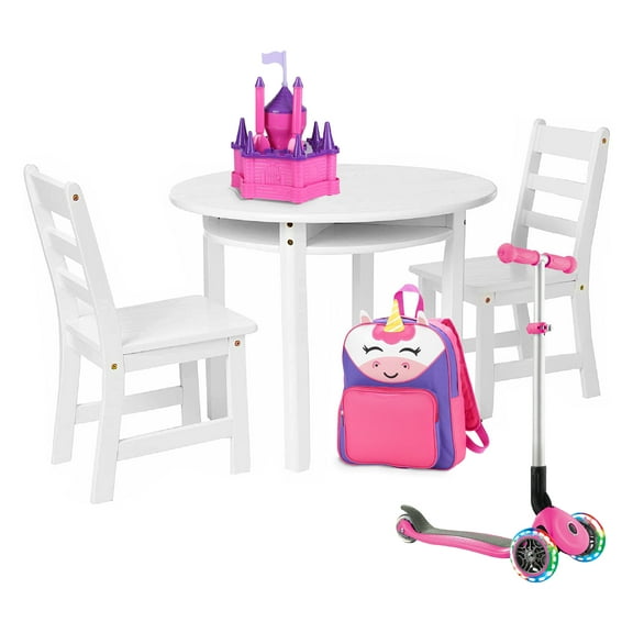 Lipper International Childs White Round Table with Shelf & 2 Chairs Fun Pink Playroom Bundle with Foldable Light-Up Scooter, Stylish Unicorn Backpack, & Princess Portion Control Dinner Set Ages 3+