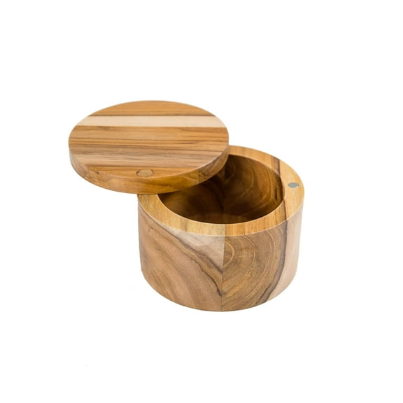 Lipper International Teak Wood Salt or Spice Box with Swivel Cover, 3.6" Diameter x 2.375" Tall