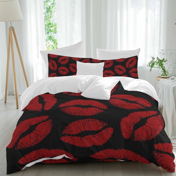 Lipprint Kisses Red and Black California King Size Bed Set,Valentine's Day Lips Texture Bedding for All Seasons,4 Pcs Bed Set with 1 Quiltcover (90"x106"),1 Sheet(94"x116"),2 Pillowcases (19"x35")