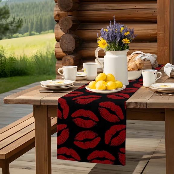 Lipprint Kisses Red and Black Table Runner 13x90in Non-Slip Cotton Linen Table Runners, Valentine's Day Lips Texture Dresser Scarves TableRunner for Dinner Kitchen Dining Wedding Party