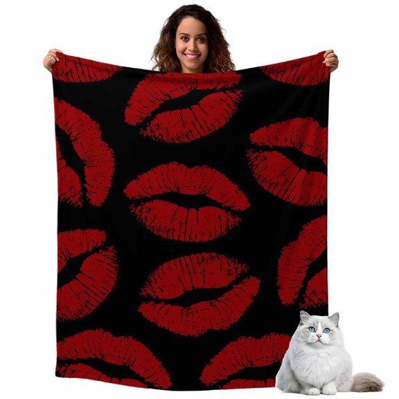 Lipprint Kisses Red and Black Throw Blanket Flannel Fleece Throws, Valentine's Day Lips Texture Lightweight Super Soft Warm Blankets for Couch Sofa Bed All Season Use, 40x50 in