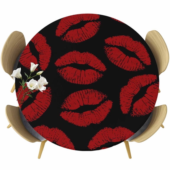 Lipprint Kisses Red and Black Fitted Round Tablecloths Table Covers 55"-60",Waterproof Table Cloth for Kitchen Holiday Party Tables Decor