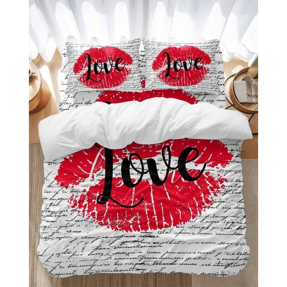 Lipprint Texture Bedding Duvet Cover Set Full Size 4 Pieces Love Letter Texture Retro Bedding Set with Zipper Closure, 1 Comforter Cover 86x86 Inches 1 Flat Sheet & 2 Pillow Cases