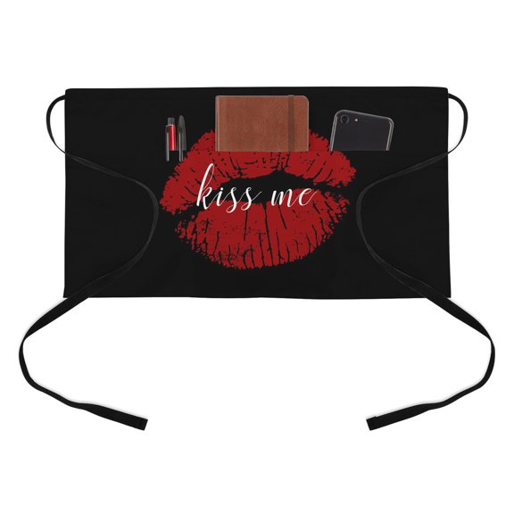 Lipprint Texture Half Waist Apron Love Letter Black Retro Short Waiter Aprons with 3 Pockets for Women Men Kitchen Restaurant Cooking