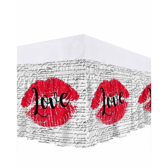 Lipprint Texture Ruffle Bed Skirt Queen Size Love Letter Texture Retro Adjustable Elastic Dust Bed Skirts Wrap Around Bedskirt Wrinkle Free Easy Fit with 16 Inch Drop