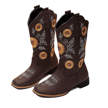 Liprofe Women's Cowboy Boots Western Embroidery Stitched Mid Calf Cowgirl, Low Heel Square Toe Brown, 6