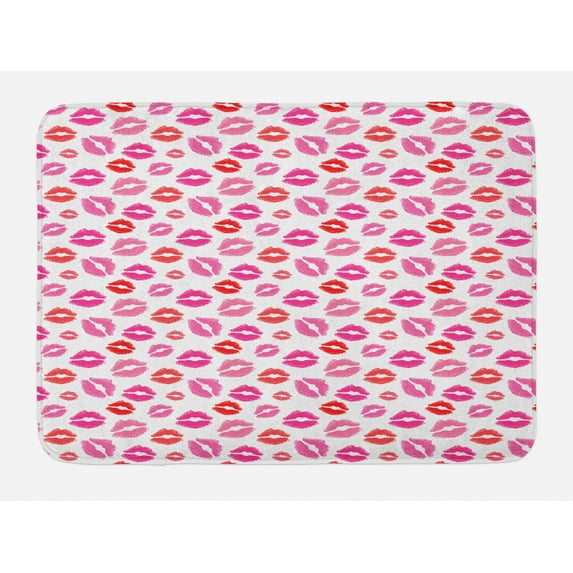 Lips Bath Mat, Pink and Warm Color Romantic Kisses Smack Print Repeating Pattern on White Background, Plush Bathroom Decor Mat with Non Slip Backing, 29.5" X 17.5", Multicolor, by Ambesonne