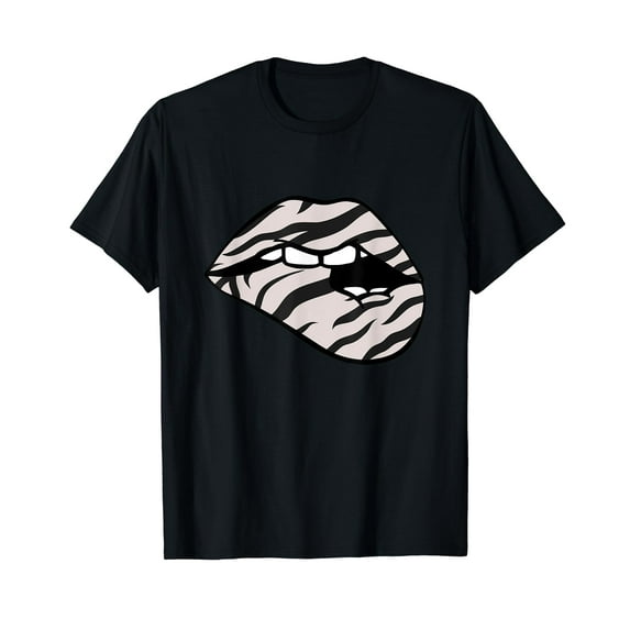 Lips Biting Mouth Zebra Print Women Cute Graphic T-Shirt
