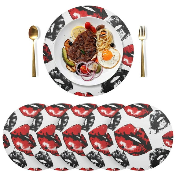 Lips Black Round Placemats Plate Mats 15 Inch Non-Slip Heat Resistant Washable PVC Set Indoor for Kitchen Dining Table 1PC