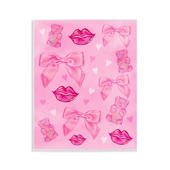 Stupell Industries Lips Bows & Bears on Pink Wall Plaque Art, design by Ziwei Li, 14 x 11