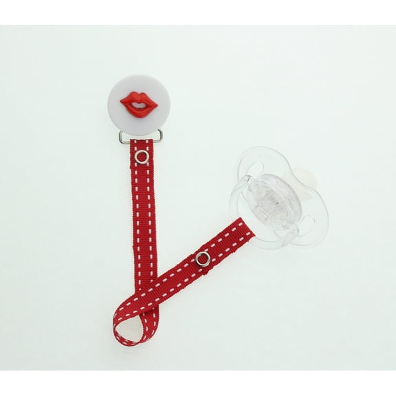 Lips Button Pacifier Clip with Matching Ribbon