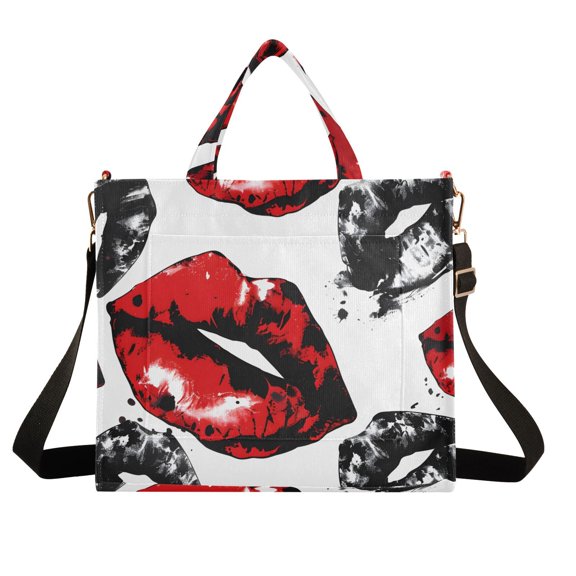 Lips Corduroy Tote Bag Handbag Large Messenger Bag Shoulder Crossbody Zipper Bag Purse