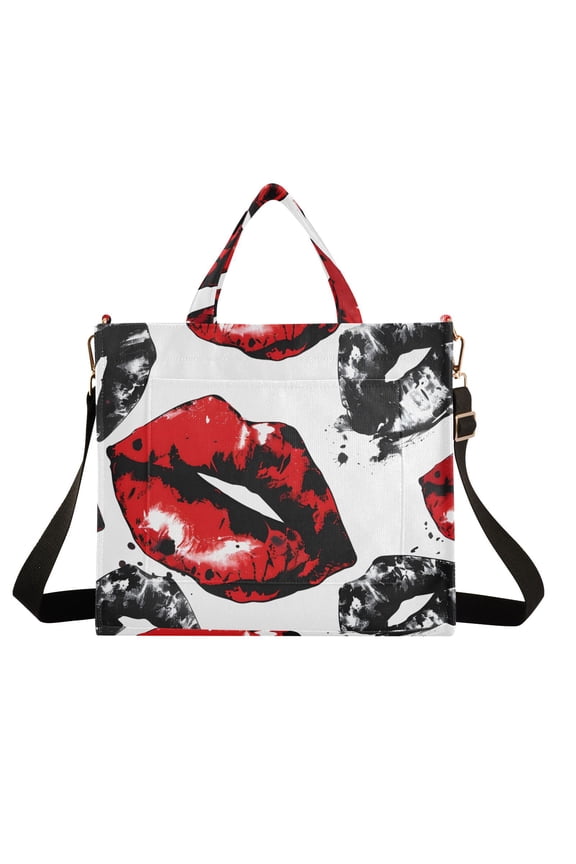 Lips Corduroy Tote Bag Handbag Large Messenger Bag Shoulder Crossbody Zipper Bag Purse