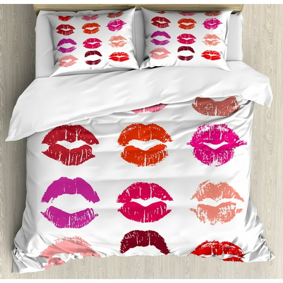Lips Duvet Cover Set King Size, Assortment of Colorful Qualitative Trace of Lipstick Imprints Romantic Kisses Concept, 3 Piece Bedding Set with 2 Pillow Shams, Multicolor, by Ambesonne