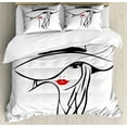 thumbnail image 1 of Lips Duvet Cover Set King Size, Stylized and Minimalist Hand Drawn Long Hair Girl Wearing a Big Floppy Hat, 3 Piece Bedding Set with 2 Pillow Shams, Vermilion Black White, by Ambesonne, 1 of 3