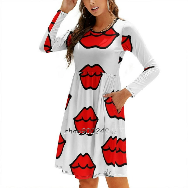 Lips Evening Party Dresses Midi Sexy Dress Female Sweet One Piece Dress Korean Lips Red Kiss Hand Drawing Cartoon Pop Art Mod Walmart