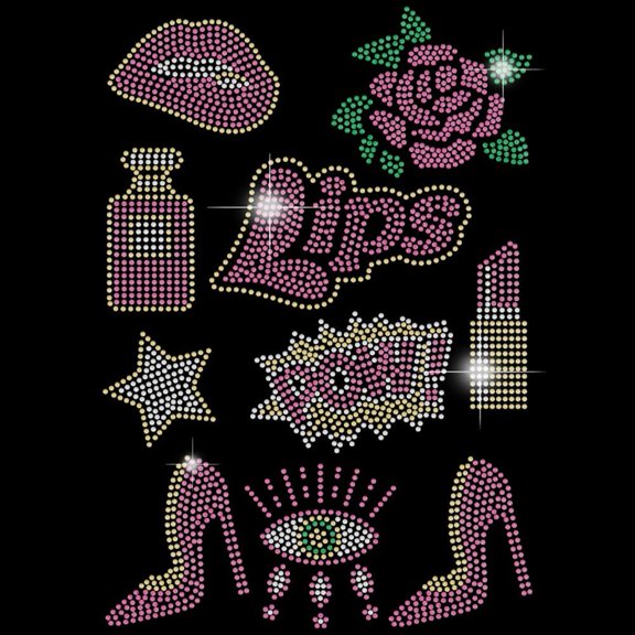 Lips Iron on Rhinestones Transfer Lipstick High Heels Roses Perfume Decals T-Shirt Heat Transfer Hot Fix Stickers Festival Decor for Women Clothing DIY Art Craft diy