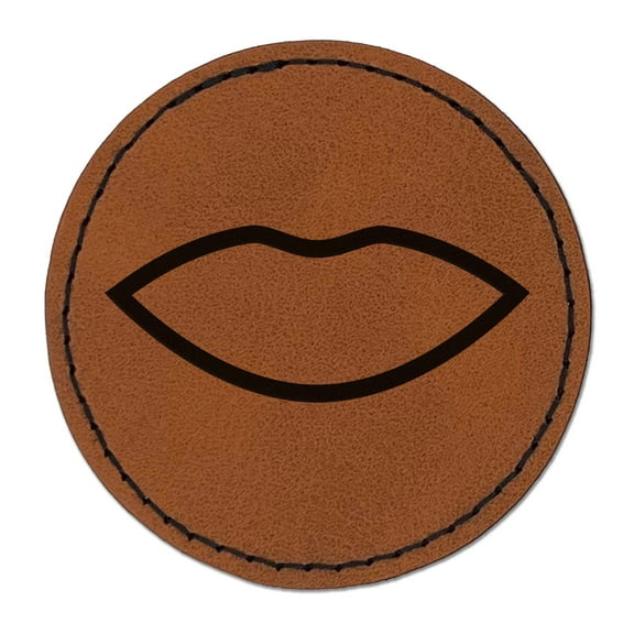 Lips Mouth Outline 2.5" Faux Leather Round Engraved Iron-On Patch - Brown