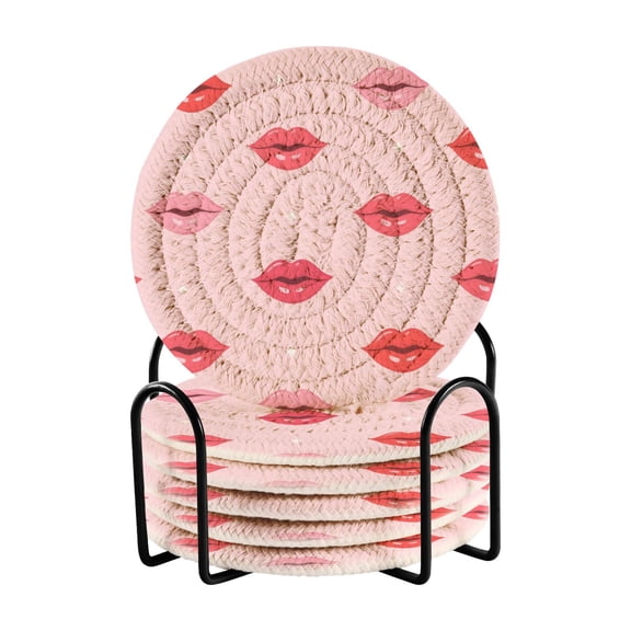 Lips Pattern Bar Coasters 6 Pack Braided Coasters with Holder Absorbent Heat Resistant