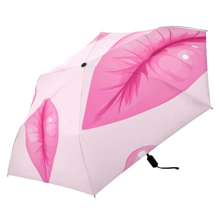 Lips Pink Compact Folding Umbrella for Rain Windproof Travel